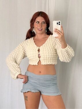 romantic textured balloon sleeve cardigan ✧